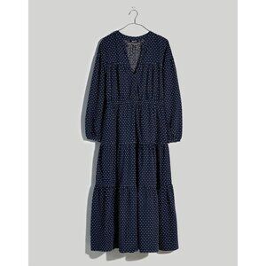 Madewell Dobby V Neck Tiered Dress Navy White Extra Small XS